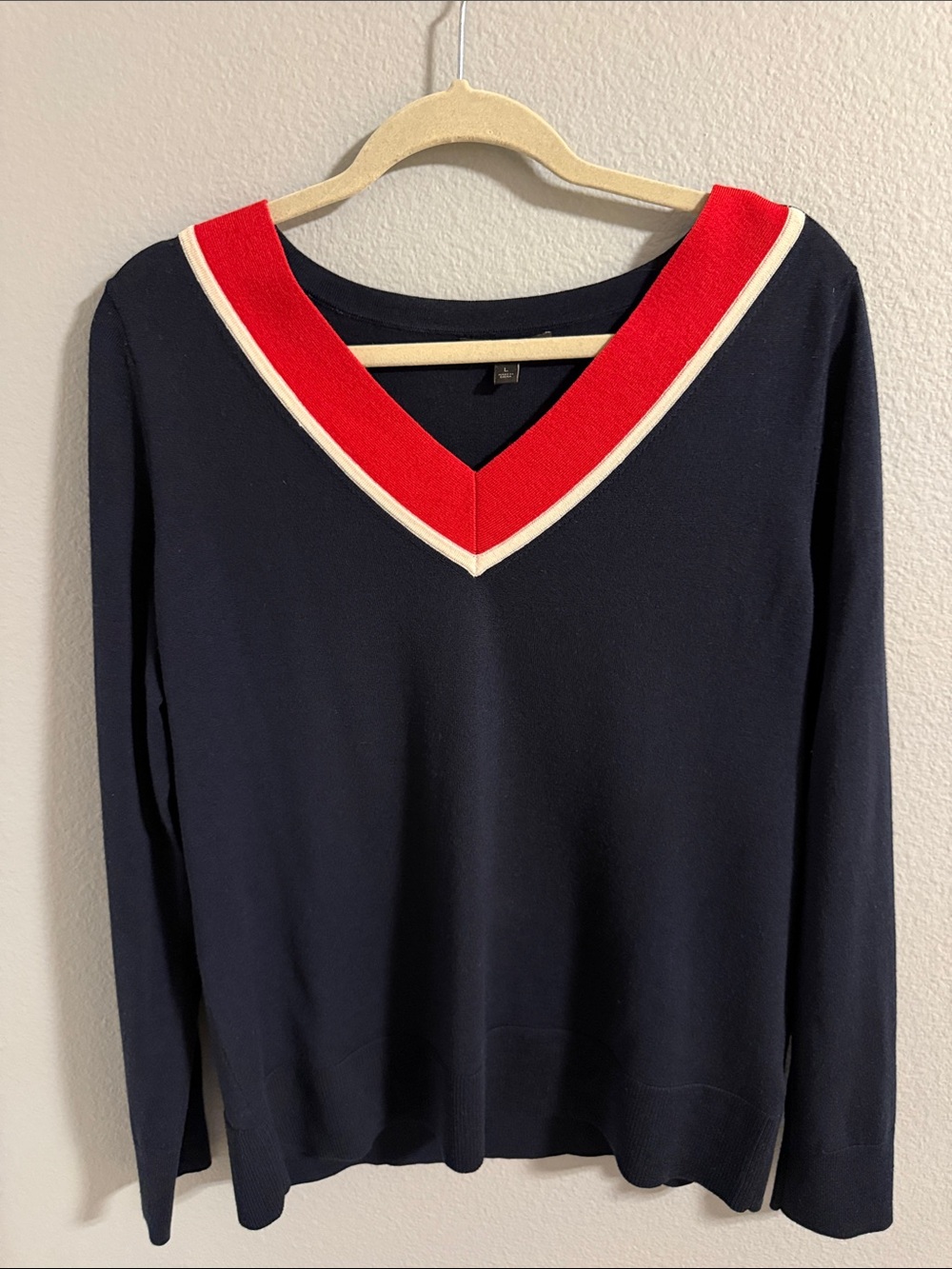 Banana Republic Navy V-Neck Sweater with Red and Cream Trim